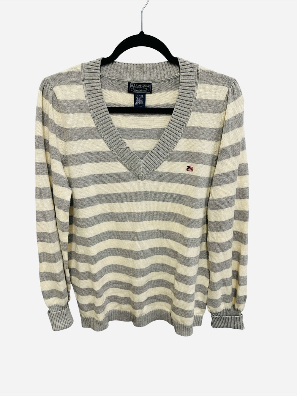 Polo Jeans Company Ralph Lauren gray cream striped v neck sweater Size XL